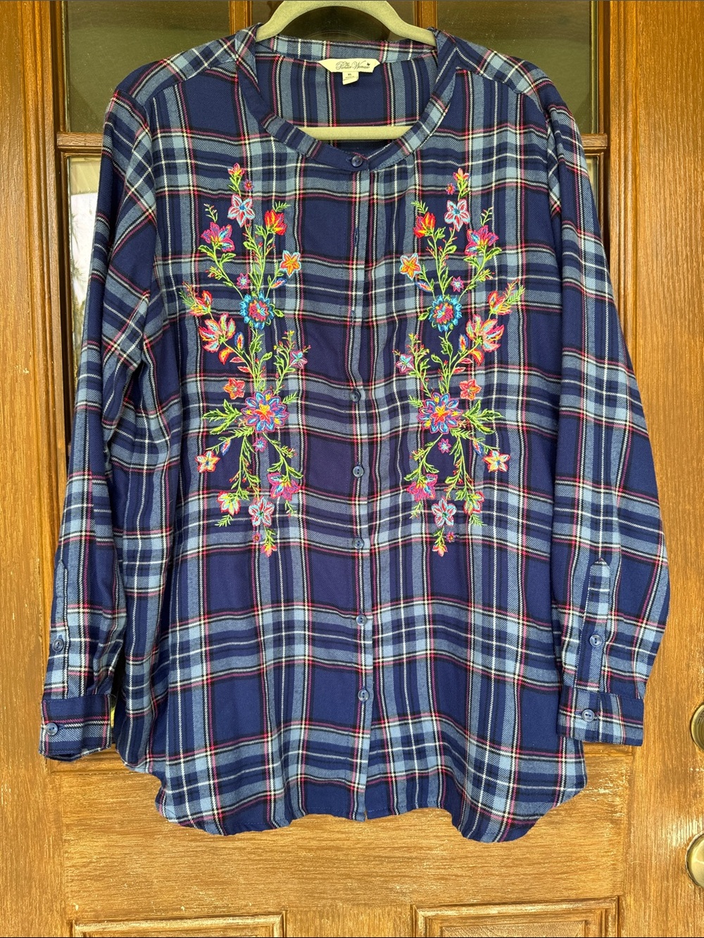Womenswear Navy Plaid Button-Up Shirt with Floral Embroidery